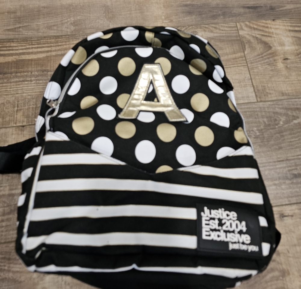 4/$10 Justice "A" Black White Stripe Gold Dot Initial Backpack Back School Kid